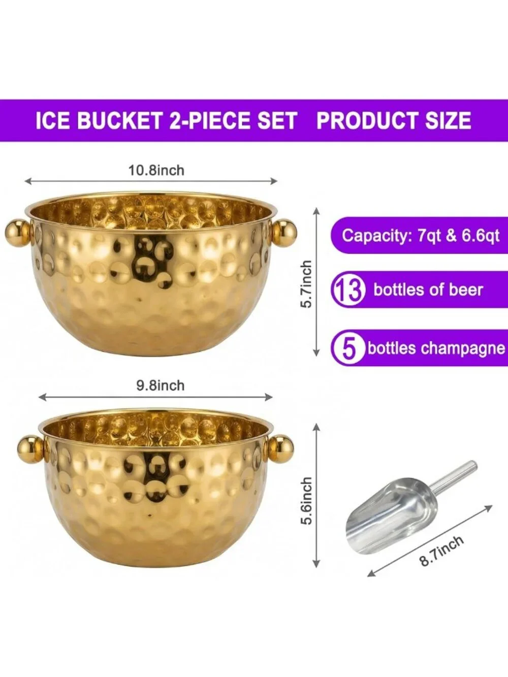 Set of 2 Hammered Gold Champagne Ice Buckets - Stainless Steel Beverage Tubs